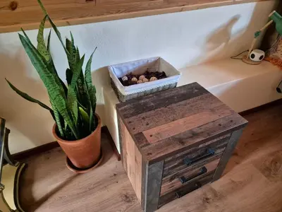 a plant sitting next to a wooden table with a box at Quinta do Ribeiro Real in Câmara de Lobos