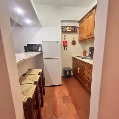 a kitchen with a white refrigerator and wooden cabinets at MarLuz in Luz