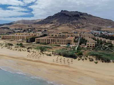 an aerial view of a resort on the beach at The Navigator - Colombus All Inclusive in Porto Santo
