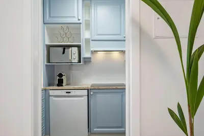 a small kitchen with blue cabinets and a plant at Infinity View by Homie in Funchal