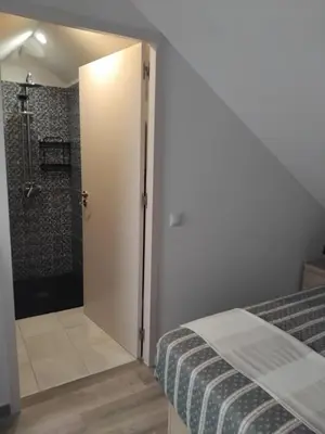 a bedroom with a shower and a bed and a door at MM House in Bicas