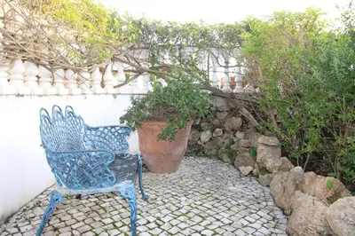 a blue bench sitting next to a wall with a plant at Casa Tenente Camilo in Lagos