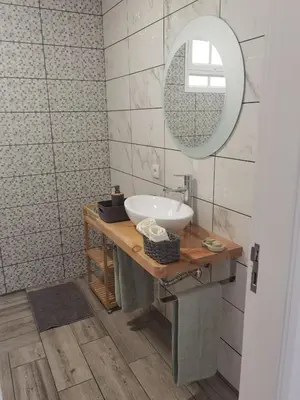 a bathroom with a sink and a mirror at Honey Factory House in Santa Cruz