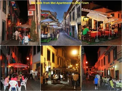 a collage of photos of a street with people sitting at tables at Mel Apartment in Funchal