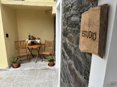 a group of pink roses in front of a building at Refúgio do Nevoeiro Estudio in Porto Moniz