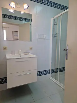 a white bathroom with a shower and a sink at L'Oasis Palm Beach House in Porto Santo