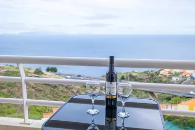 a bottle of wine sitting on a table with two glasses at Atlantic View I By GALMI in Santa Cruz