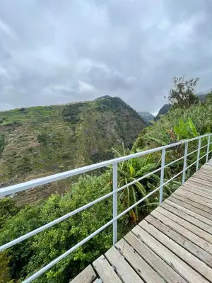 a wooden boardwalk with a view of a mountain at Charming hill view retreat in Funchal