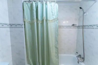 a shower with a green shower curtain in a bathroom at Apartamento Isabel Charmoso e bem localizado in Ribeira Brava
