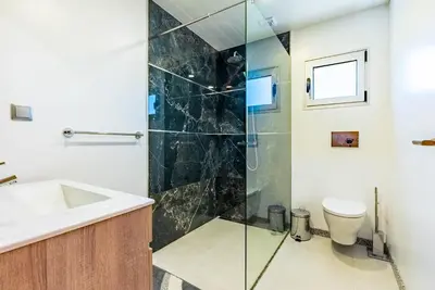 a bathroom with a shower and a sink and a toilet at Quinta do Til in Prazeres
