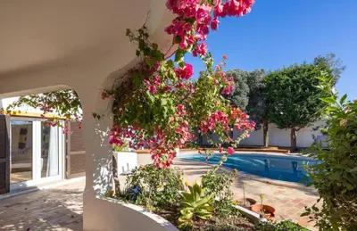 a garden with pink flowers and a swimming pool at Casa Tambeim in Montinhos da Luz