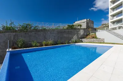 a group of chairs and a palm tree next to a swimming pool at Atlantic Nest Apartment by Holiday Rental Madeira in Câmara de Lobos