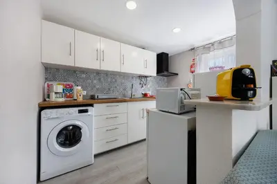 a kitchen with a washer and dryer on a counter at Apartamento Carrapateira in Bordeira