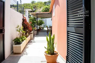 a walkway with potted plants on the side of a building at Izzys Place by ESCAPE to Madeira in Ponta do Sol