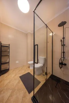 a bathroom with a toilet and a glass shower stall at Sagres ZEN - 3 Bedroom House in Sagres