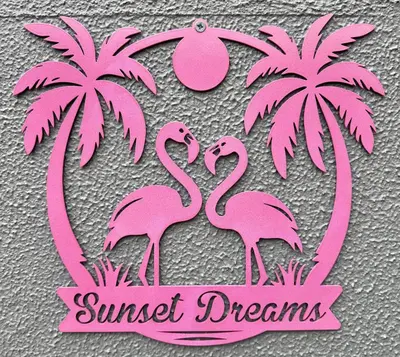 a pink flamingos sign with two palm trees at Sunset Dreams - Arco da Calheta in Arco da Calheta