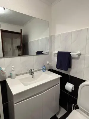 a bathroom with a sink and a mirror and a toilet at Santo Antonio 2 Schlafzimmer Apartment in Funchal