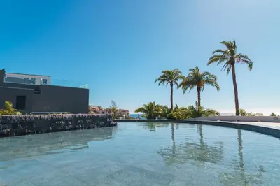 a swimming pool with palm trees and a building at GuestReady - Acqua residences in Funchal