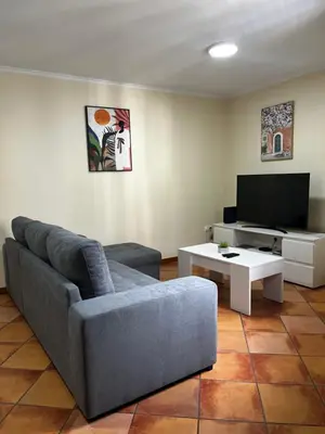 a living room with a couch and a tv at Machico Village Apartment - Terrace and private parking in Machico
