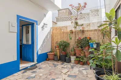 a room with a blue door and lots of potted plants at Casa da Praia Burgau in Burgau