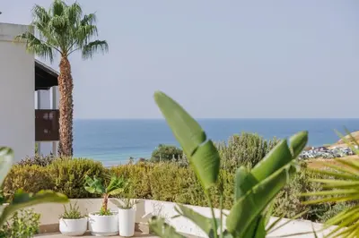 a view of the ocean from a house with plants at Ocean Apartment by ENDLESS SUN I modern comfort, sea view, wi-fi, parking, heating in Lagos