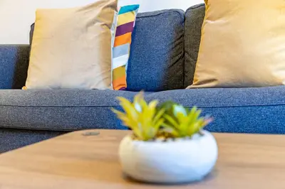 a white vase on a table in front of a couch at Palm Tree by YOUR KEY in Caniço