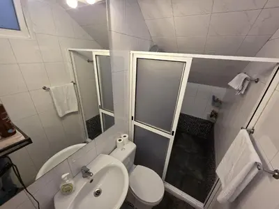 a bathroom with a sink and a toilet and a shower at Casa Dourada in Câmara de Lobos