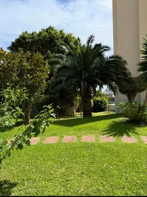 a green lawn with palm trees and a building at Garajau Madeira Holidays in Caniço