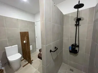 a bathroom with a toilet and a shower at Maresia Gardens in Porto da Cruz