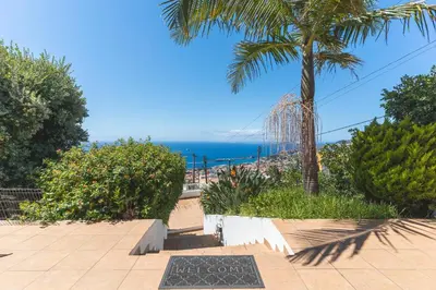 a sign on a sidewalk with a palm tree and the ocean at Casa dos Vinhos by Atlantic Holiday in Santa Maria Maior