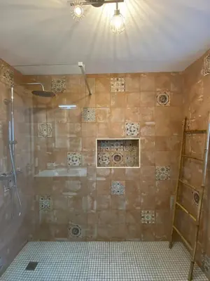 a bathroom with a shower with a ceiling at Sunny Aljezur da Misericórdia, Aljezur, Costa Vicentina in Aljezur