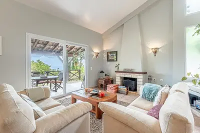 a living room with two couches and a fireplace at Casa do Jardim Botanico in Faial