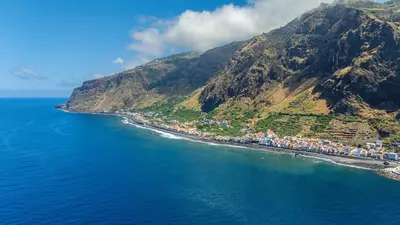 an aerial view of a beach on a mountain at Yellow Wave in Paul do Mar