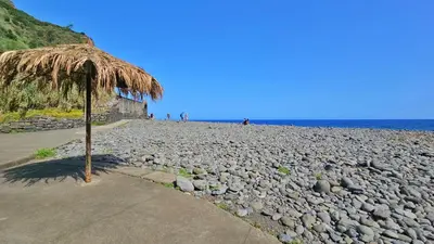 a beach with a straw umbrella and the ocean at Top Floor in Flor do Campo - Santana in Santana