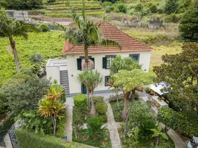 an aerial view of a house with palm trees at Casa da Bisa, By OP in São Vicente
