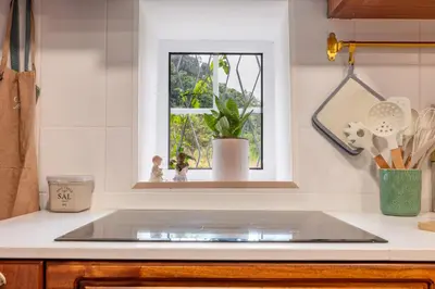 a kitchen counter with a window with a plant at Casa da Bisa, By OP in São Vicente