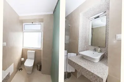 a bathroom with a sink and a toilet and a mirror at Casa das Orquideas in Estreito da Calheta
