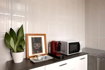 a kitchen with a microwave and a picture and a plant at Taste of the Sea by Formosa in Funchal