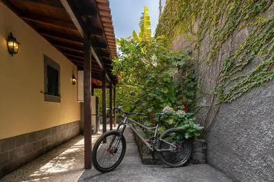 a bike parked next to a wall with flowers at Casa da Avo in Faial