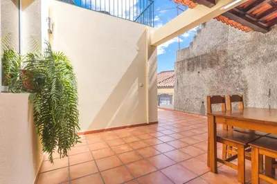 an indoor patio with a table and a plant at Casa dos Namora by Atlantic Holiday in Câmara de Lobos