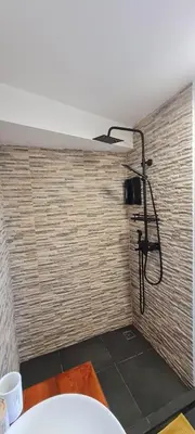 a shower in a bathroom with a brick wall at Refúgio das Regadinhas in Santa Cruz