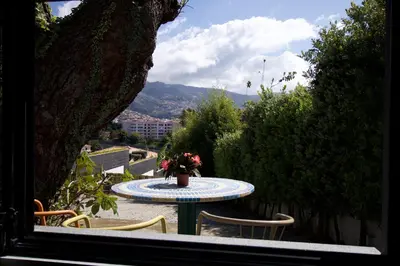 a table with a vase of flowers sitting on it at Modern Studio with Kitchen & Secure Parking in Funchal in Funchal