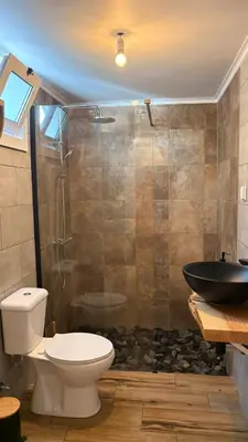 a bathroom with a toilet and a shower and a sink at Old Aqueduct Village 2 - Guesthouse Madeira in Serra de Água