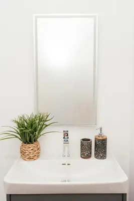 a bathroom sink with a mirror and a plant on it at Casa Piquita in Estreito da Calheta