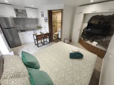 a living room with a bed and a kitchen at Alojamiento Local - Estrela in Seixal