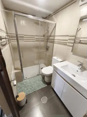 a bathroom with a shower and a toilet and a sink at Alojamiento Local - Estrela in Seixal