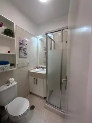 a bathroom with a toilet and a shower and a sink at Ocean View in Santa Cruz