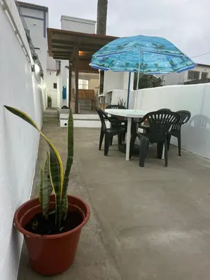 a plant in a pot next to a table with an umbrella at Casinha Santa Maria in Vila do Porto