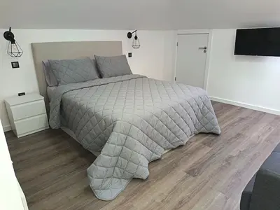 a bedroom with a bed with a gray comforter at Rose house in Ribeira Brava