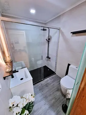 a bathroom with a shower and a toilet and a sink at Dª Xica Holidays in Santa Cruz